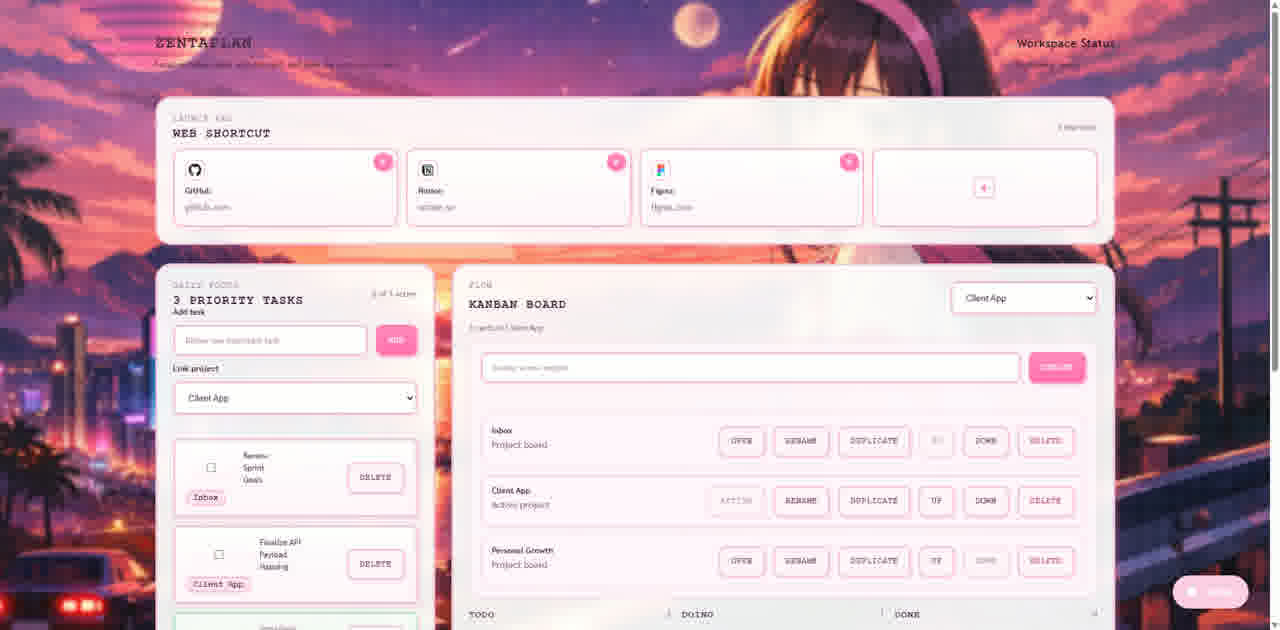 Zentaplan workspace showing shortcuts, priority tasks, and a kanban board
